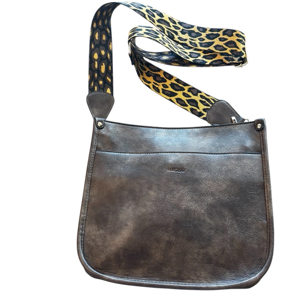 HKCLUF Brown Vegan Leather Crossbody Hobo Bag with Leopard Strap